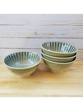 Set Of 4 World Market Green Ribbed Ceramic Bowls Made In Japan Soups Rice Ramen